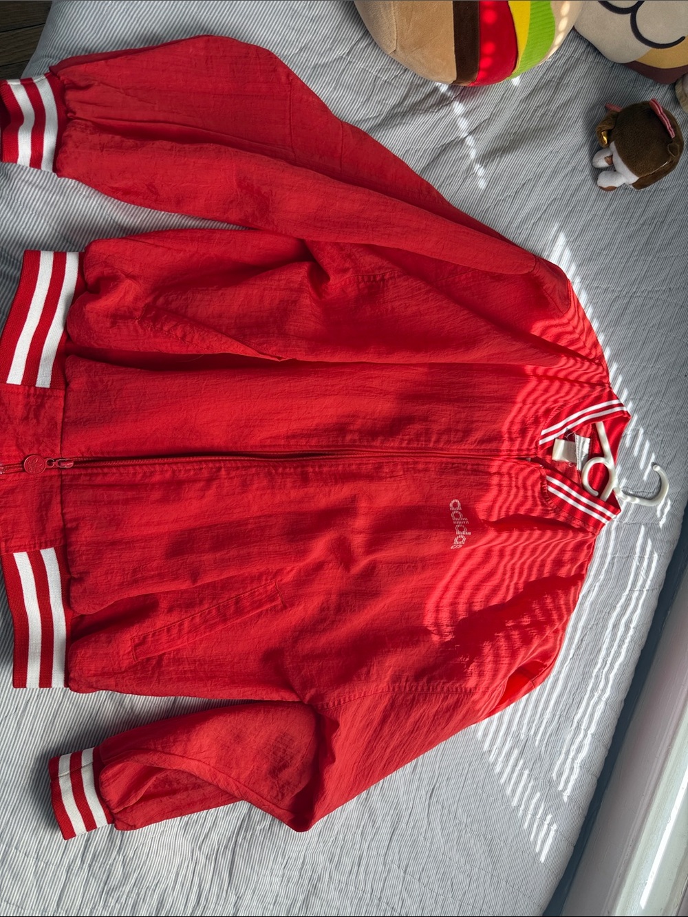 adidas Red Track Jacket with White Stripe Accents